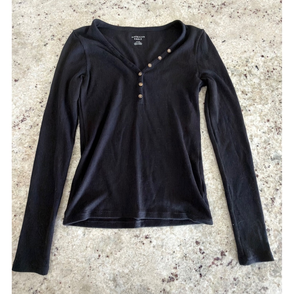 American Eagle Black Ribbed Henley Top‎ Size S